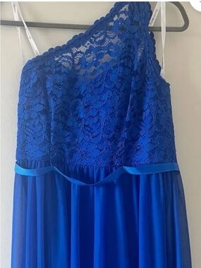 David’s Bridal one Shoulder like new Royal Blue Lace Chiffon Evening Gown SZ 14